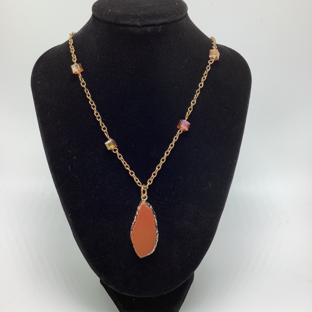 Burnt Orange‎ Agate Slab Pendant Necklace w/ Small Square Crystal Bead Accents